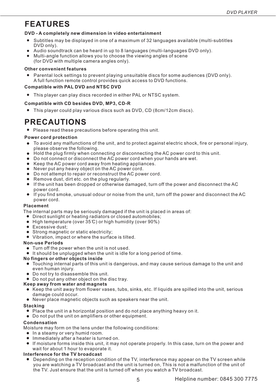 Features, Precautions | Asda DVD1072UK User Manual | Page 6 / 22