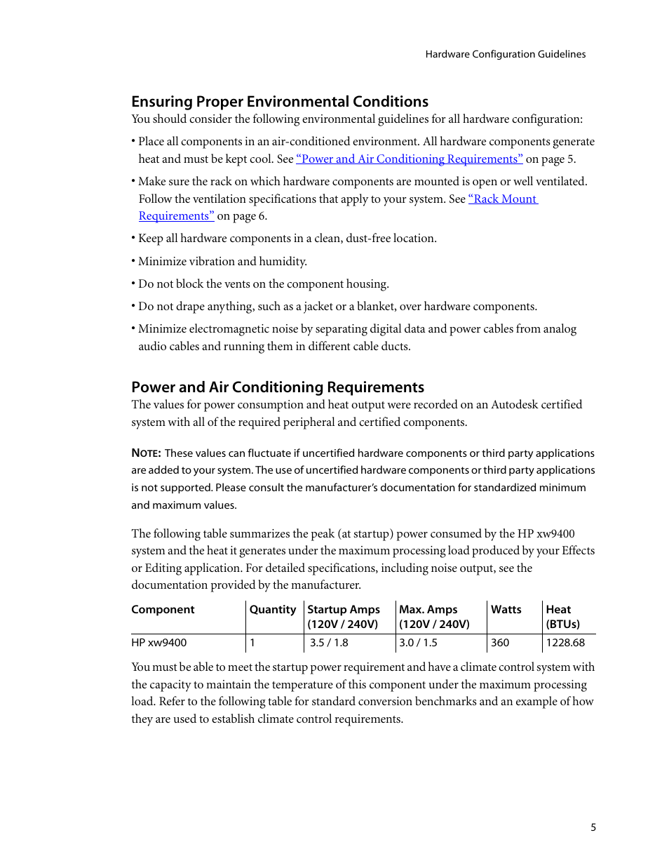 Ensuring proper environmental conditions, Power and air conditioning requirements | Autodesk HP Workstation xw9400 User Manual | Page 11 / 44