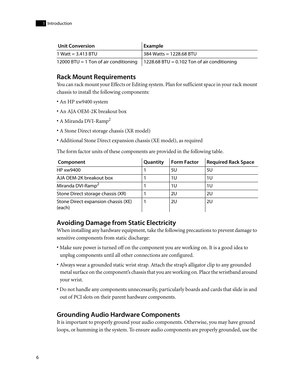 Rack mount requirements, Avoiding damage from static electricity, Grounding audio hardware components | Rack mount, Requirements | Autodesk HP Workstation xw9400 User Manual | Page 12 / 44