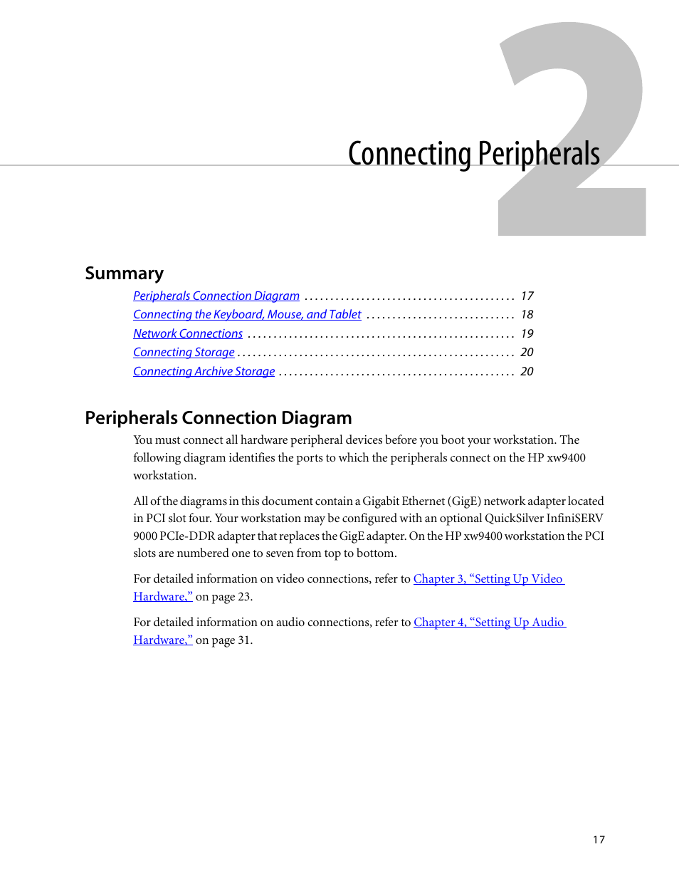 Connecting peripherals, Summary, Peripherals connection diagram | Peripherals, Connection diagram | Autodesk HP Workstation xw9400 User Manual | Page 23 / 44