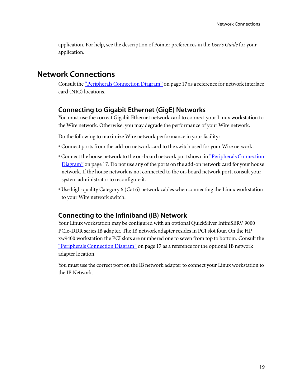 Network connections, Connecting to gigabit ethernet (gige) networks, Connecting to the infiniband (ib) network | Autodesk HP Workstation xw9400 User Manual | Page 25 / 44
