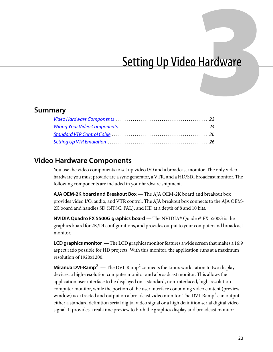 Setting up video hardware, Summary, Video hardware components | Chapter 3, “setting up video, Hardware | Autodesk HP Workstation xw9400 User Manual | Page 29 / 44