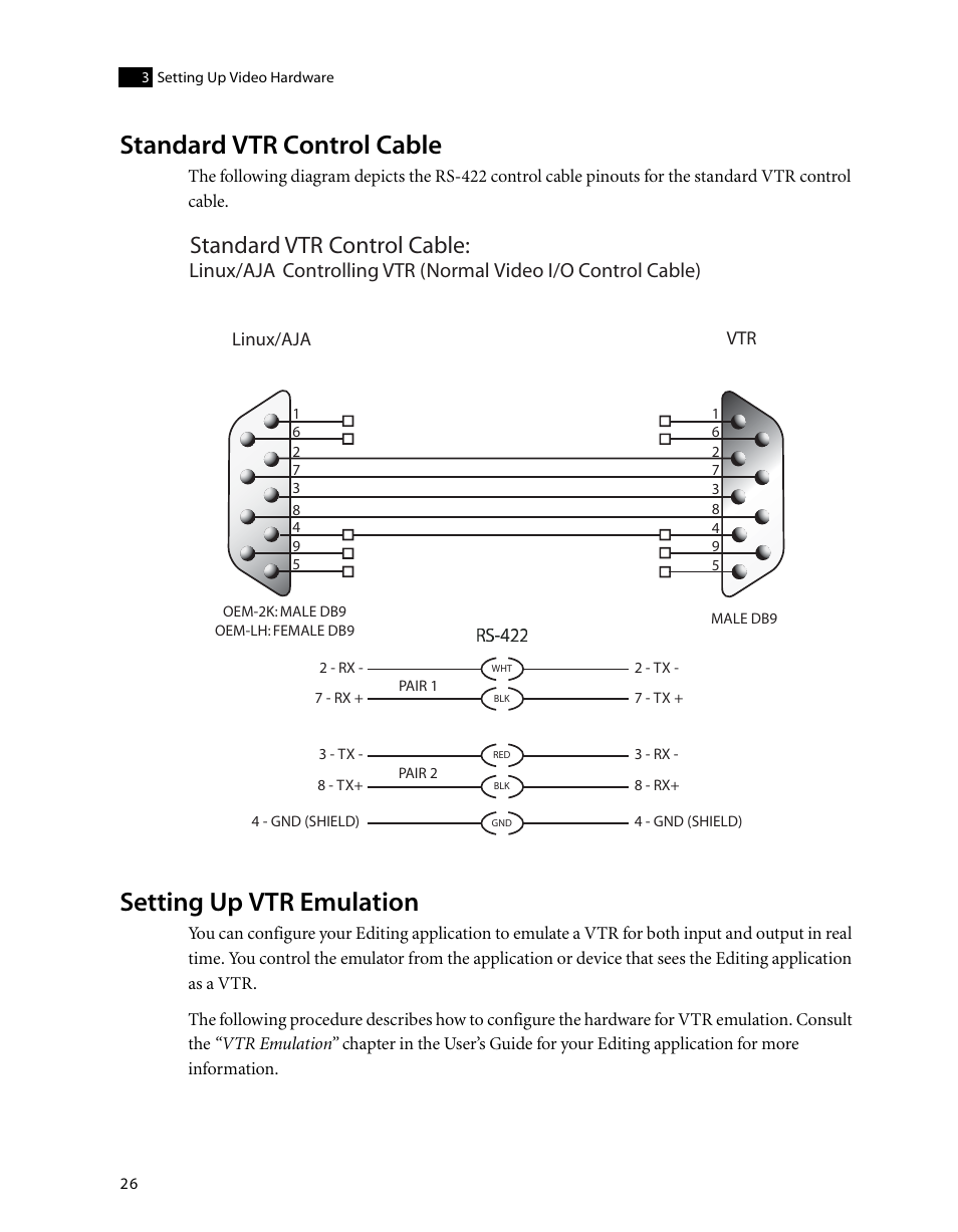 Standard vtr control cable, Setting up vtr emulation | Autodesk HP Workstation xw9400 User Manual | Page 32 / 44