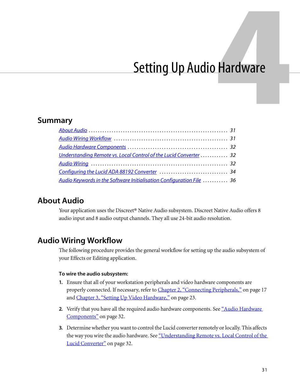 Setting up audio hardware, Summary, About audio | Audio wiring workflow, Chapter 4, “setting up audio hardware, Chapter 4, “setting up audio, Hardware | Autodesk HP Workstation xw9400 User Manual | Page 37 / 44