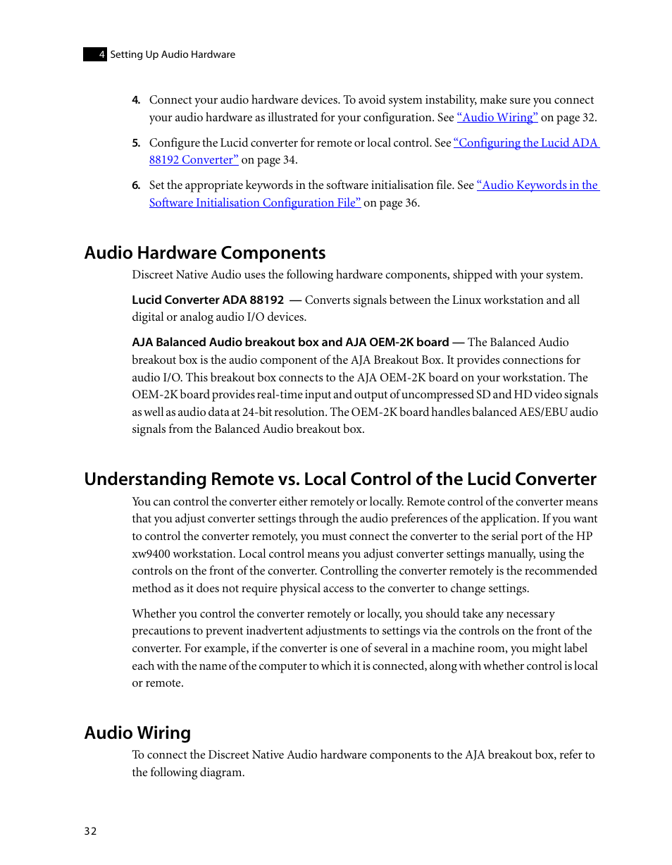 Audio hardware components, Audio wiring, Audio hardware | Components, Understanding remote vs. local control of the, Lucid converter | Autodesk HP Workstation xw9400 User Manual | Page 38 / 44