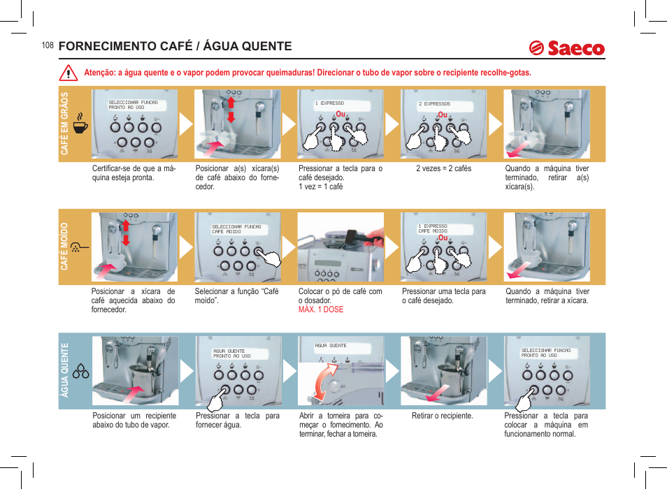 Fornecimento café / água quente | Philips Saeco Incanto Kaffeevollautomaten User Manual | Page 108 / 145