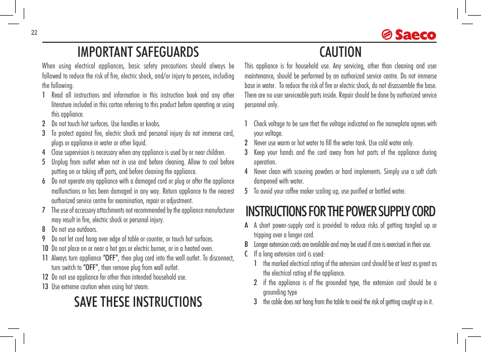 Important safeguards, Save these instructions caution, Instructions for the power supply cord | Philips Saeco Incanto Kaffeevollautomaten User Manual | Page 22 / 145