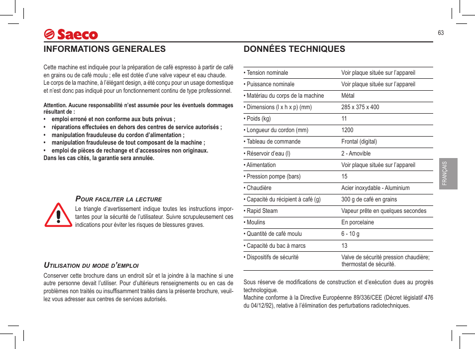 Informations generales, Données techniques | Philips Saeco Incanto Kaffeevollautomaten User Manual | Page 63 / 145