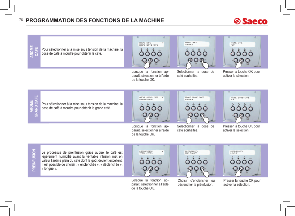 Programmation des fonctions de la machine | Philips Saeco Incanto Kaffeevollautomaten User Manual | Page 76 / 145