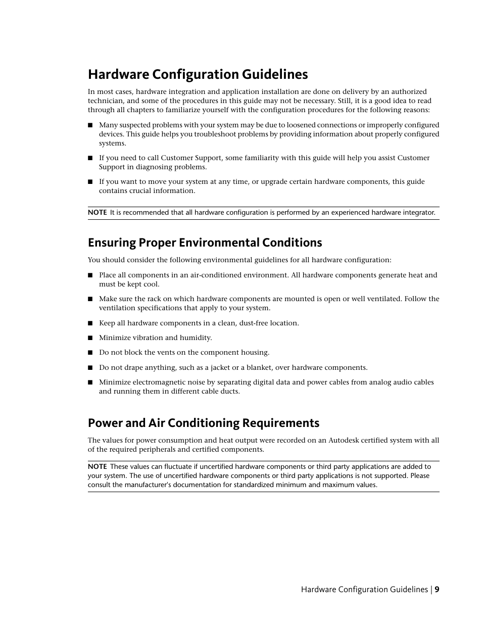 Hardware configuration guidelines, Ensuring proper environmental conditions, Power and air conditioning requirements | Autodesk Z800 User Manual | Page 13 / 52