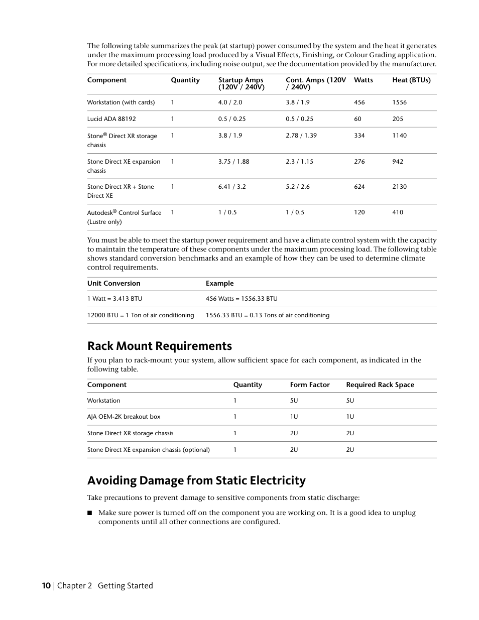 Rack mount requirements, Avoiding damage from static electricity, 10 | chapter 2 getting started | Autodesk Z800 User Manual | Page 14 / 52