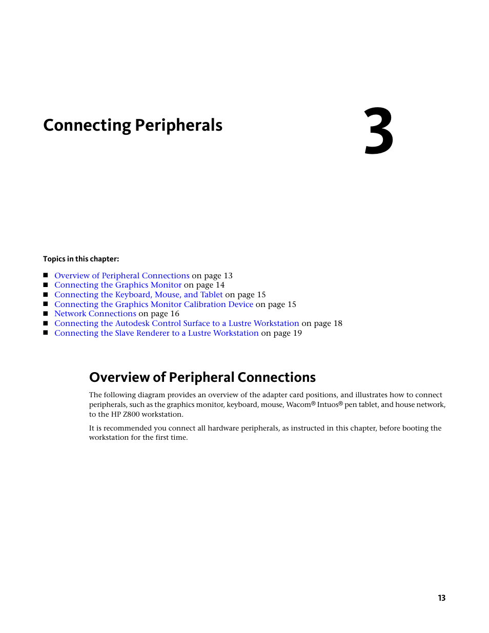 Connecting peripherals, Overview of peripheral connections | Autodesk Z800 User Manual | Page 17 / 52