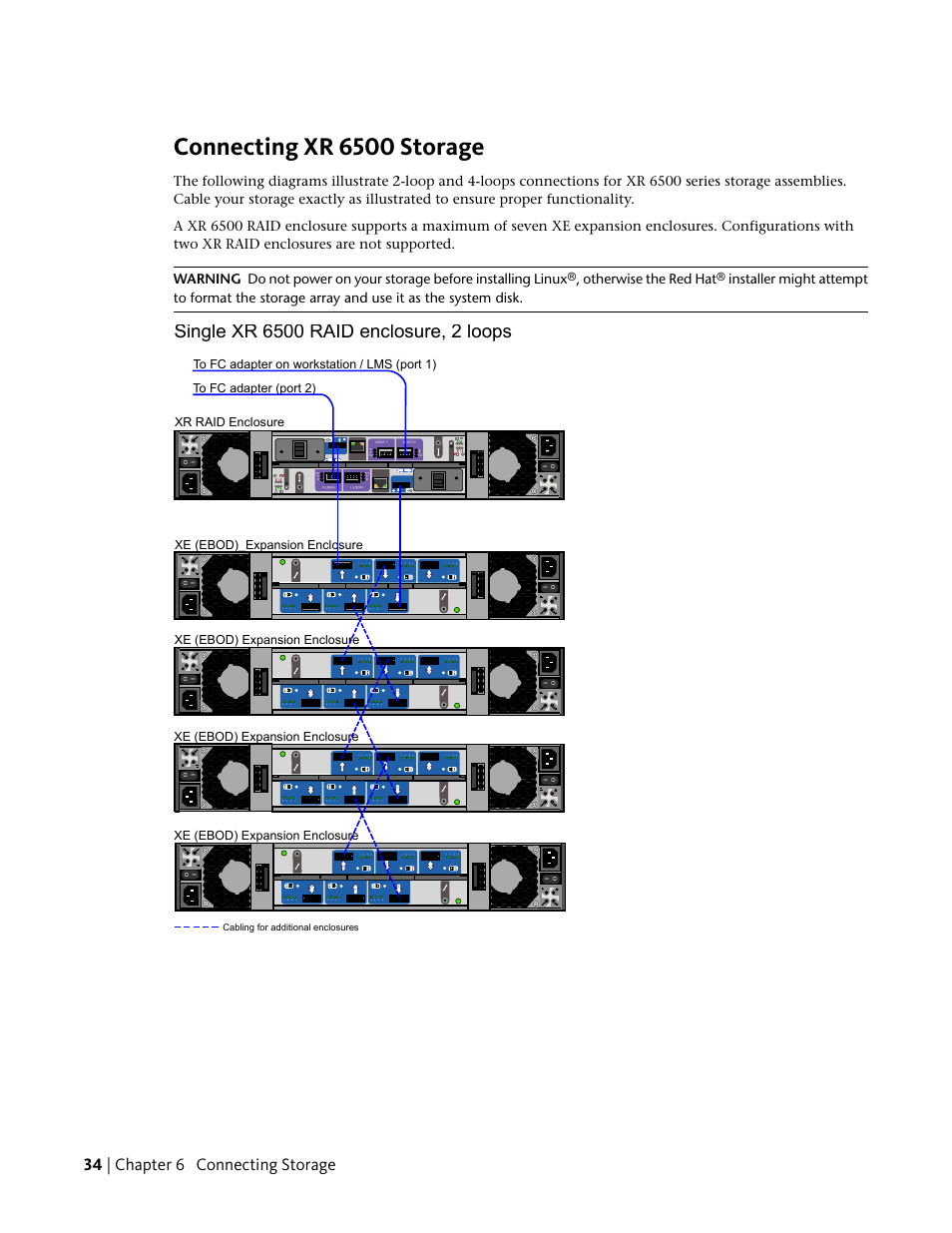 Connecting xr 6500 storage, 34 | chapter 6 connecting storage, Otherwise the red hat | C a s, Ca s | Autodesk Z800 User Manual | Page 38 / 52