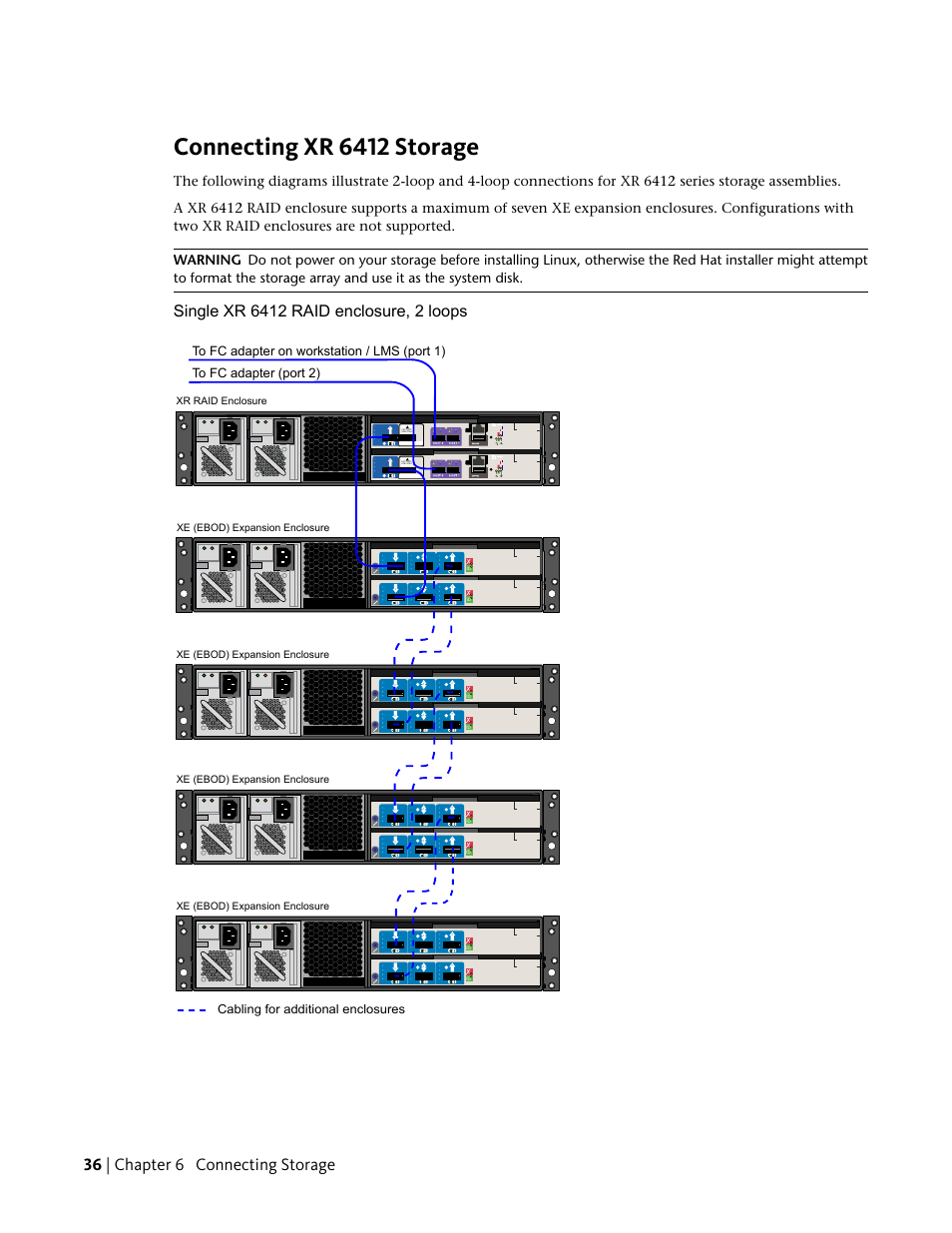 Connecting xr 6412 storage, 36 | chapter 6 connecting storage, Cabling for additional enclosures | Xe (ebod) expansion enclosure, Xr raid enclosure | Autodesk Z800 User Manual | Page 40 / 52