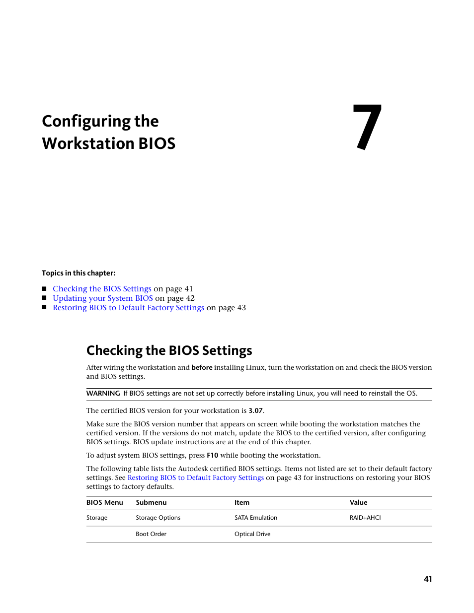 Configuring the workstation bios, Checking the bios settings | Autodesk Z800 User Manual | Page 45 / 52