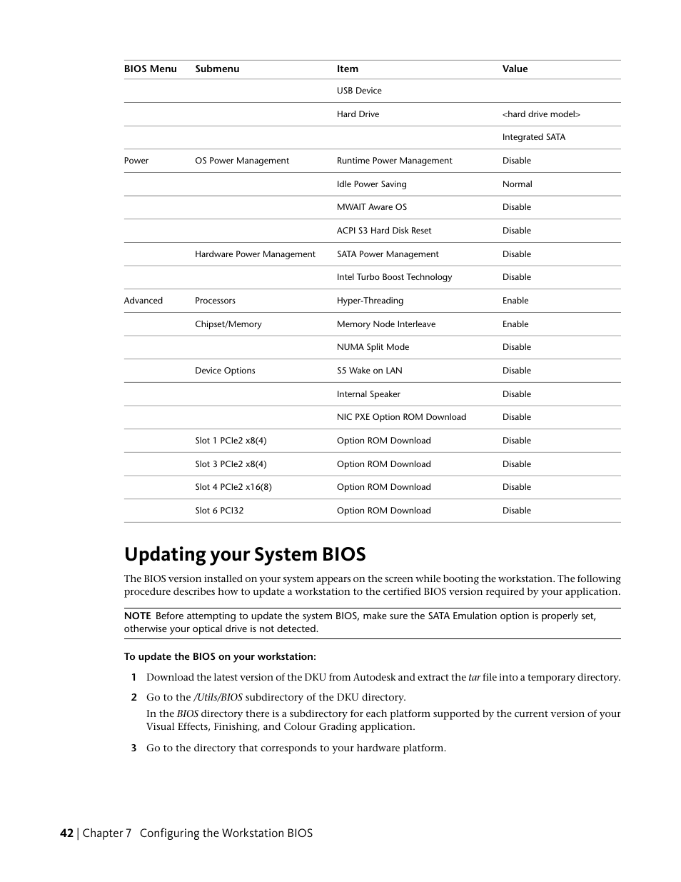 Updating your system bios, 42 | chapter 7 configuring the workstation bios | Autodesk Z800 User Manual | Page 46 / 52