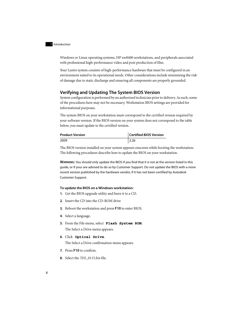 Verifying and updating the system bios version | Autodesk XW8400 User Manual | Page 14 / 52