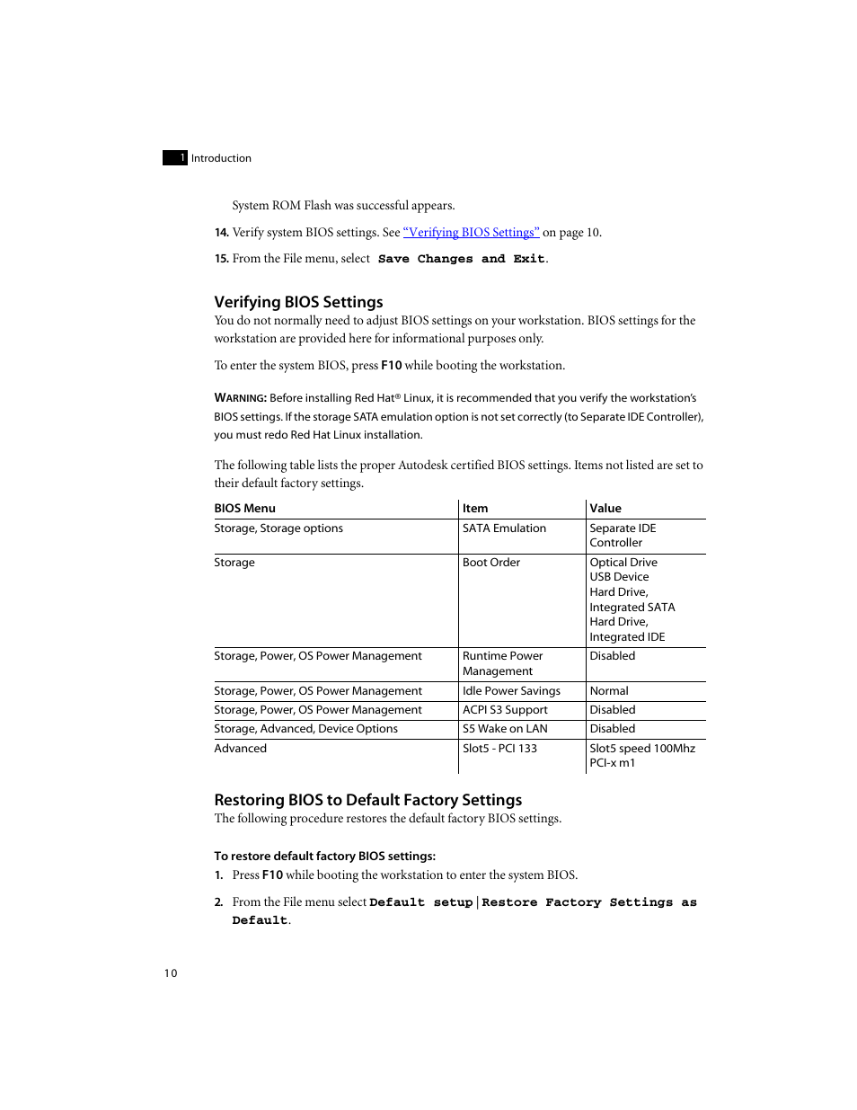 Verifying bios settings, Restoring bios to default factory settings | Autodesk XW8400 User Manual | Page 16 / 52