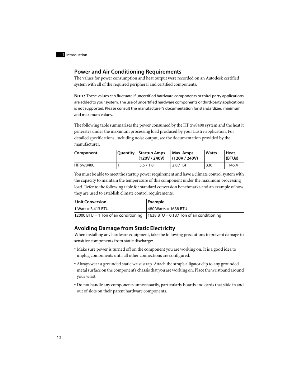 Power and air conditioning requirements, Avoiding damage from static electricity | Autodesk XW8400 User Manual | Page 18 / 52