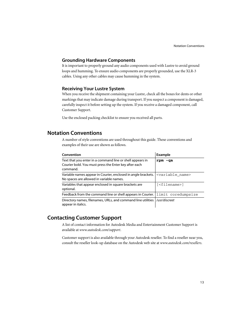 Grounding hardware components, Receiving your lustre system, Notation conventions | Contacting customer support | Autodesk XW8400 User Manual | Page 19 / 52