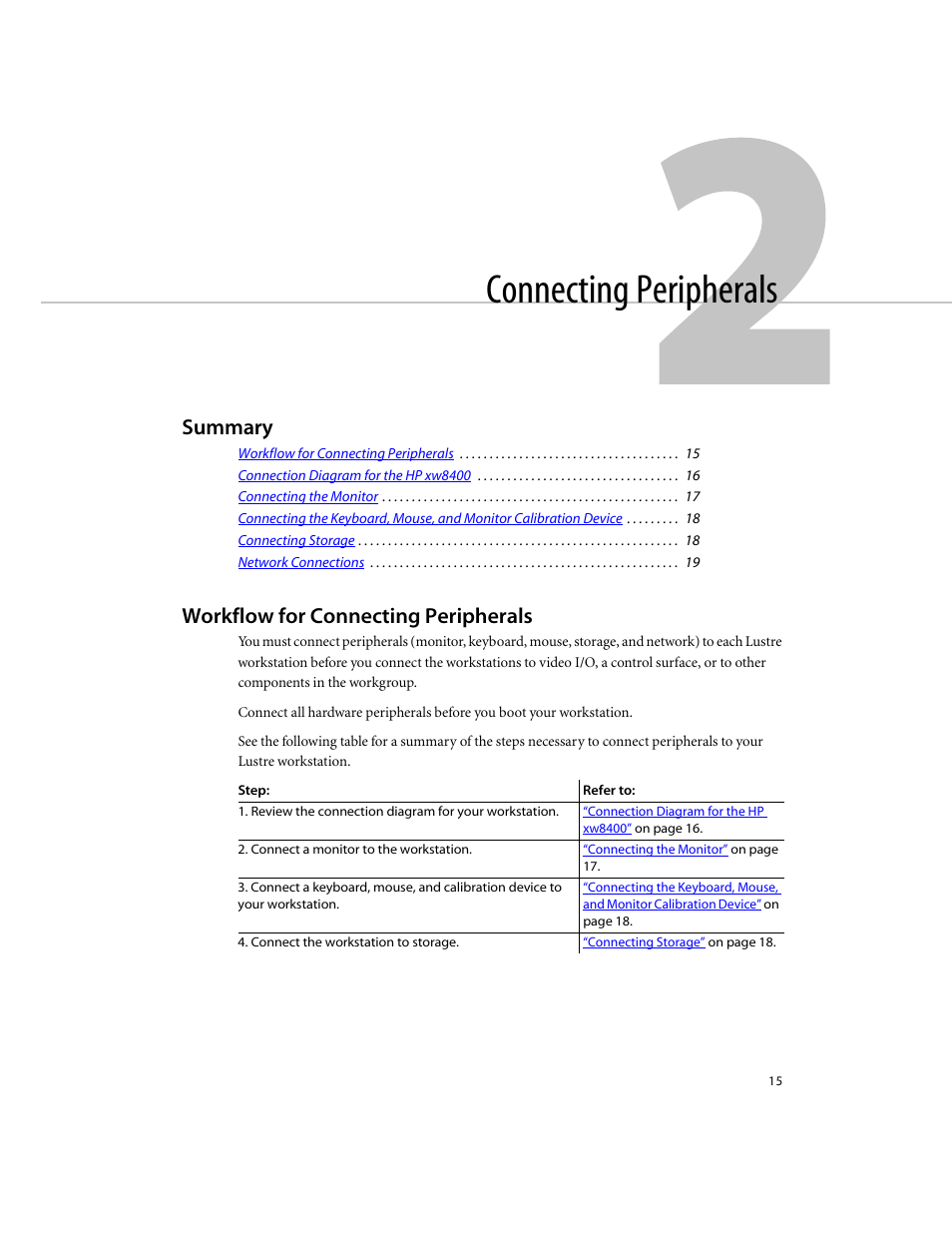 Connecting peripherals, Summary, Workflow for connecting peripherals | Chapter, 2, “connecting peripherals | Autodesk XW8400 User Manual | Page 21 / 52