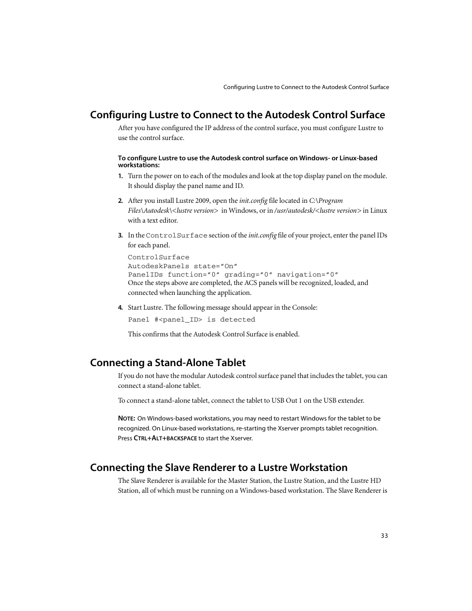 Connecting a stand-alone tablet, Connecting the slave renderer to, A lustre workstation | Configuring lustre to, Connect to the autodesk control surface | Autodesk XW8400 User Manual | Page 39 / 52