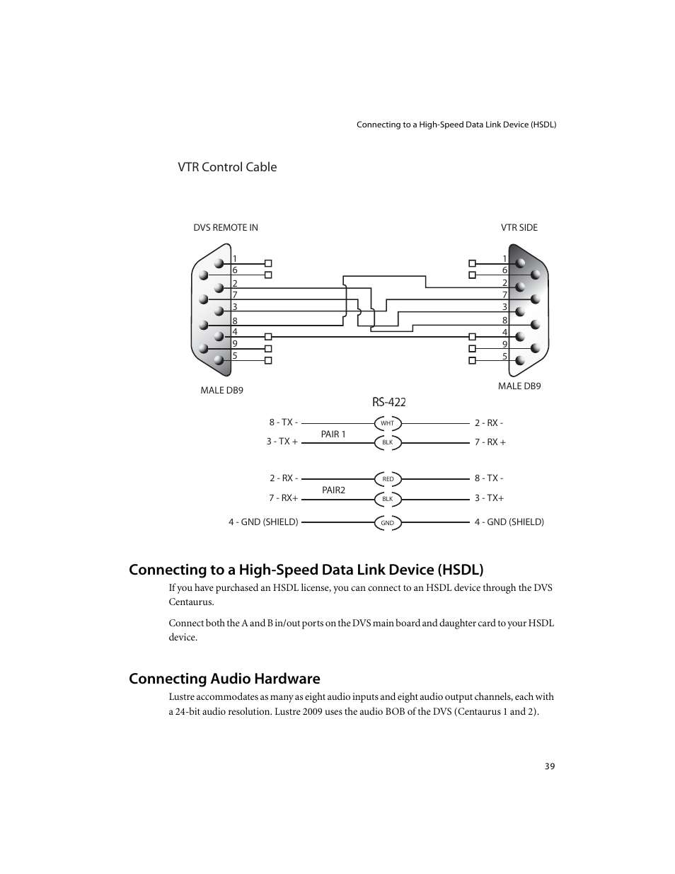 Connecting to a high-speed data link device (hsdl), Connecting audio hardware, Vtr control cable | Autodesk XW8400 User Manual | Page 45 / 52