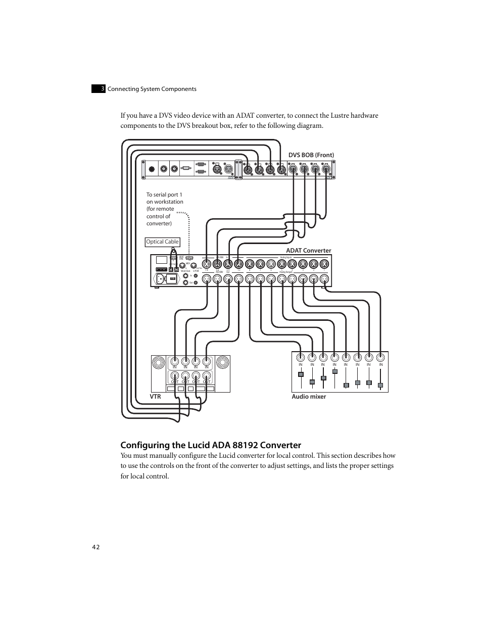 Configuring the lucid ada 88192 converter, Configuring the lucid ada 88192, Converter | Adat converter, Audio mixer, Dvs bob (front), Connecting system components 3, Optical cable | Autodesk XW8400 User Manual | Page 48 / 52