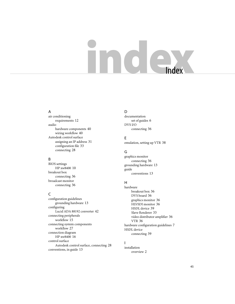 Index | Autodesk XW8400 User Manual | Page 51 / 52