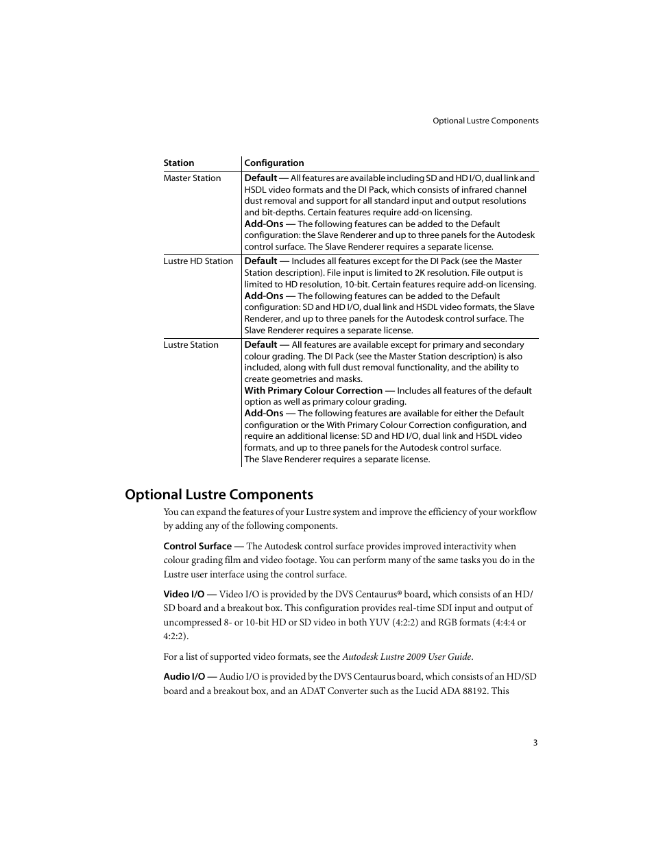 Optional lustre components | Autodesk XW8400 User Manual | Page 9 / 52