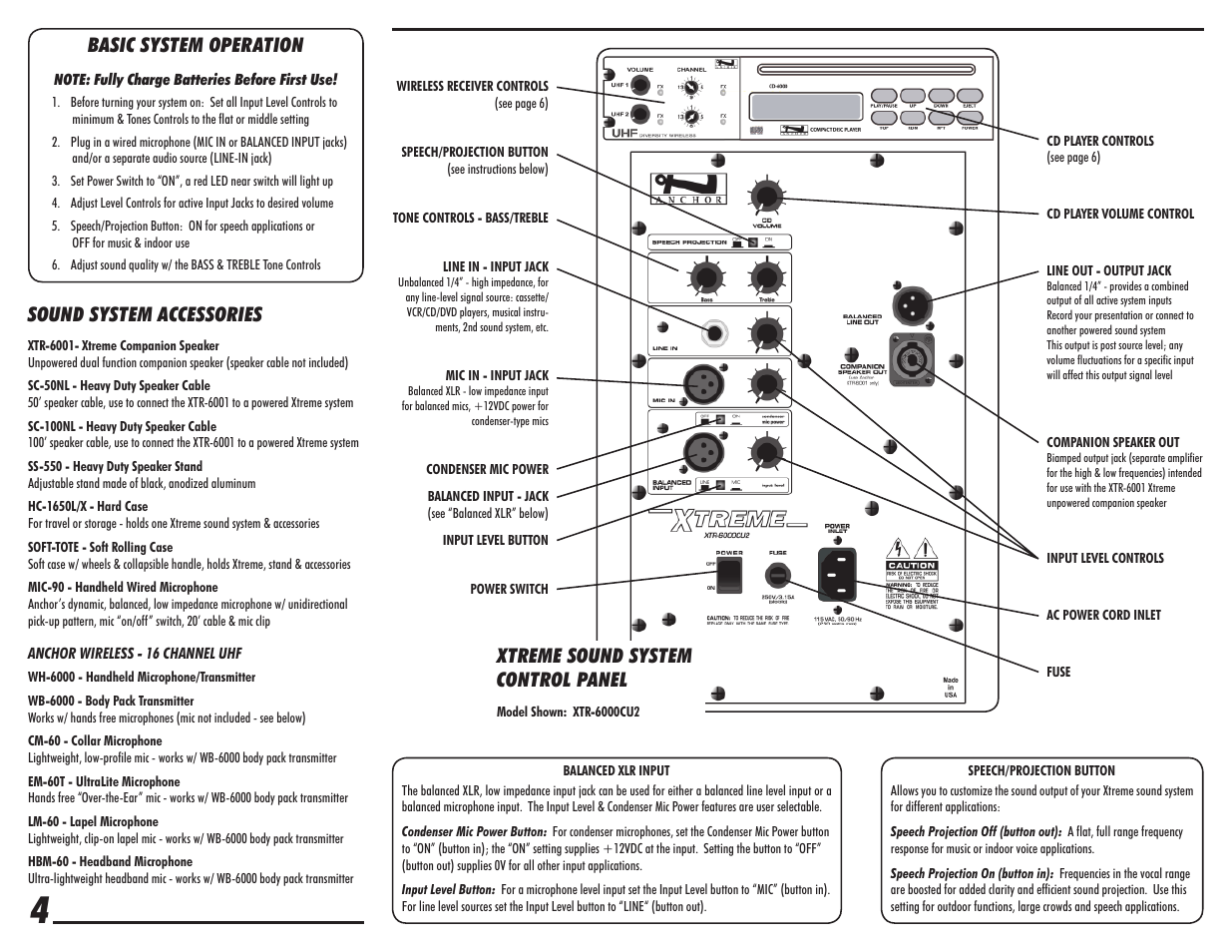 Basic system operation, Sound system accessories, Xtreme sound system control panel | Anchor Audio XTR-6000CU2 User Manual | Page 4 / 4