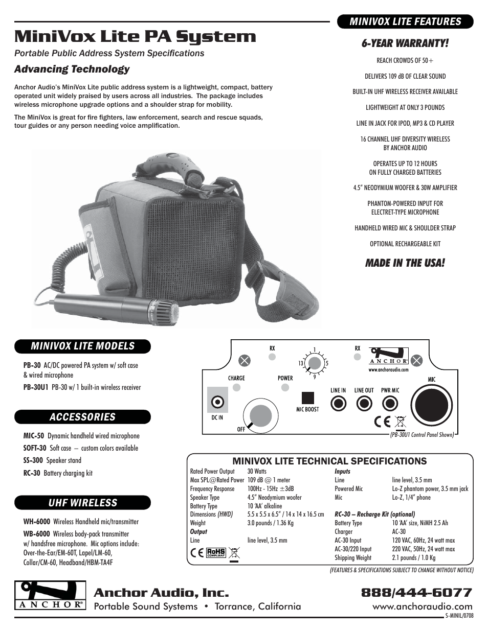 Anchor Audio MiniVox Lite PA System PB-30 User Manual | 1 page