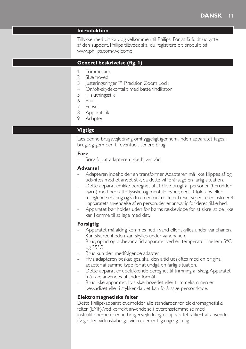 Dansk | Philips BEARDTRIMMER Series 3000 Barttrimmer (Dreitagebart-Funktion) User Manual | Page 11 / 96