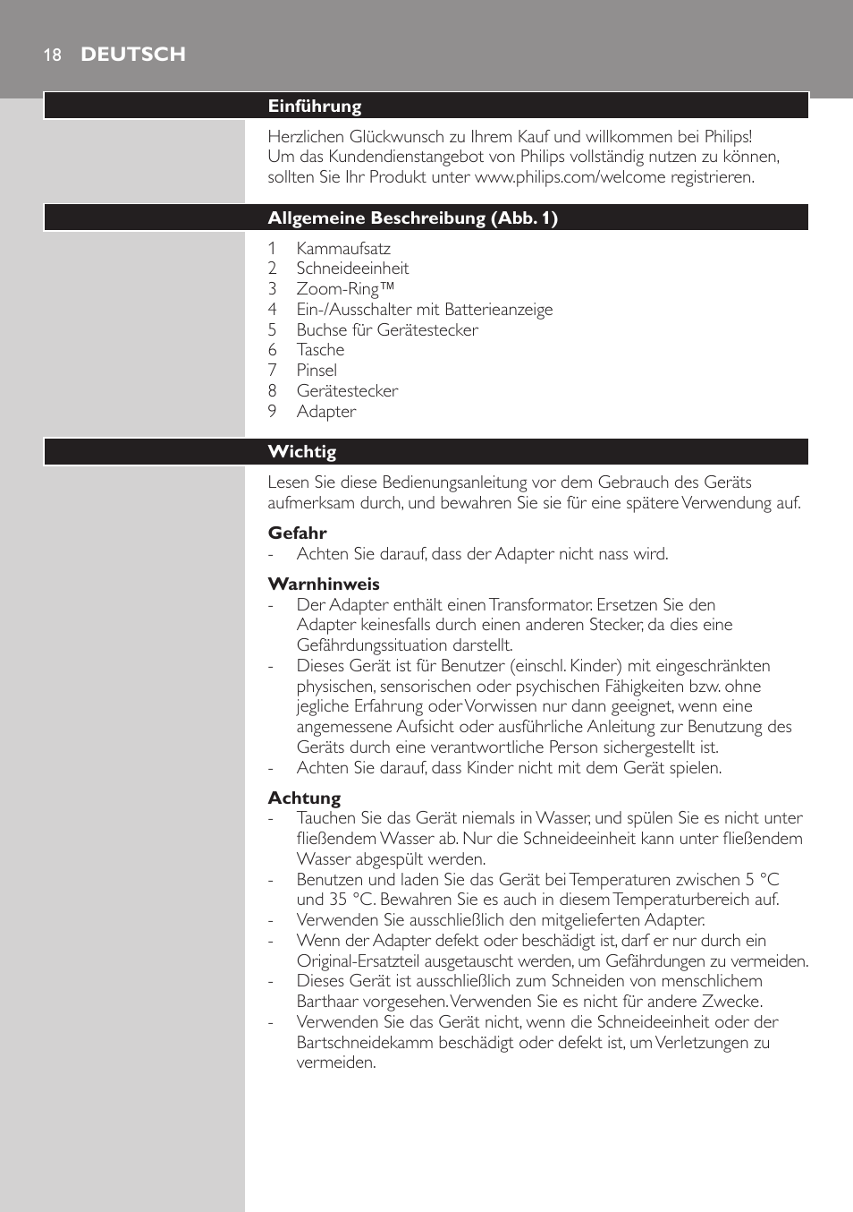 Deutsch, Deutsch 18 | Philips BEARDTRIMMER Series 3000 Barttrimmer (Dreitagebart-Funktion) User Manual | Page 18 / 96