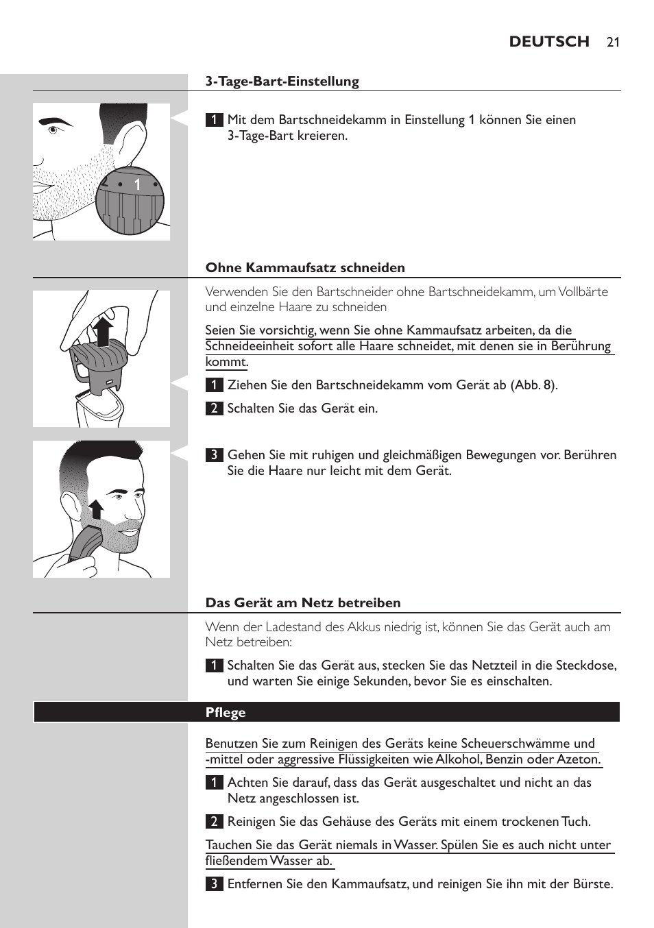 Philips BEARDTRIMMER Series 3000 Barttrimmer (Dreitagebart-Funktion) User Manual | Page 21 / 96