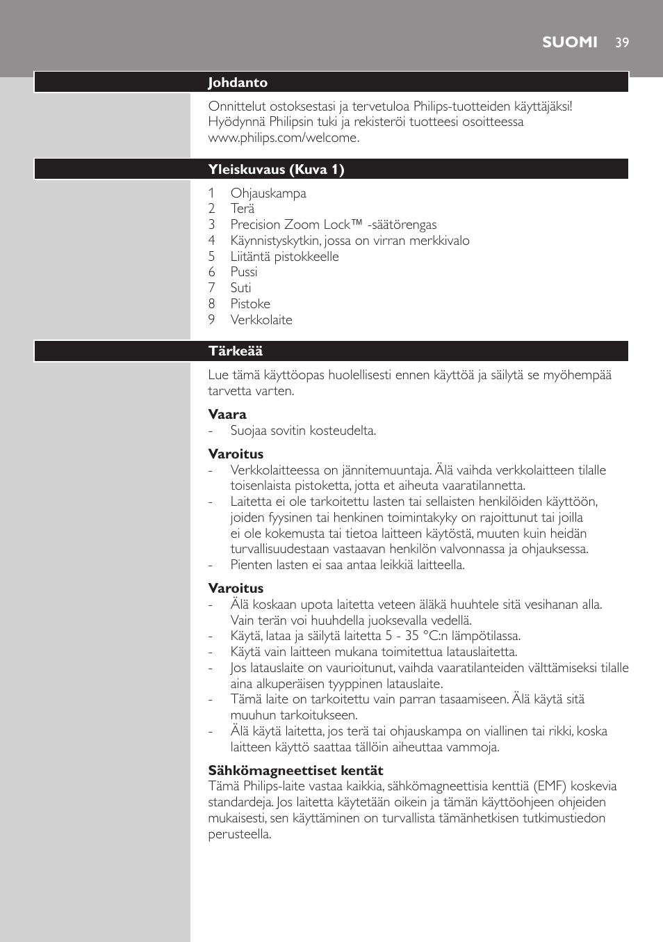 Suomi | Philips BEARDTRIMMER Series 3000 Barttrimmer (Dreitagebart-Funktion) User Manual | Page 39 / 96