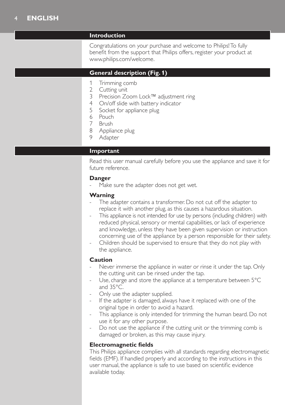 English | Philips BEARDTRIMMER Series 3000 Barttrimmer (Dreitagebart-Funktion) User Manual | Page 4 / 96