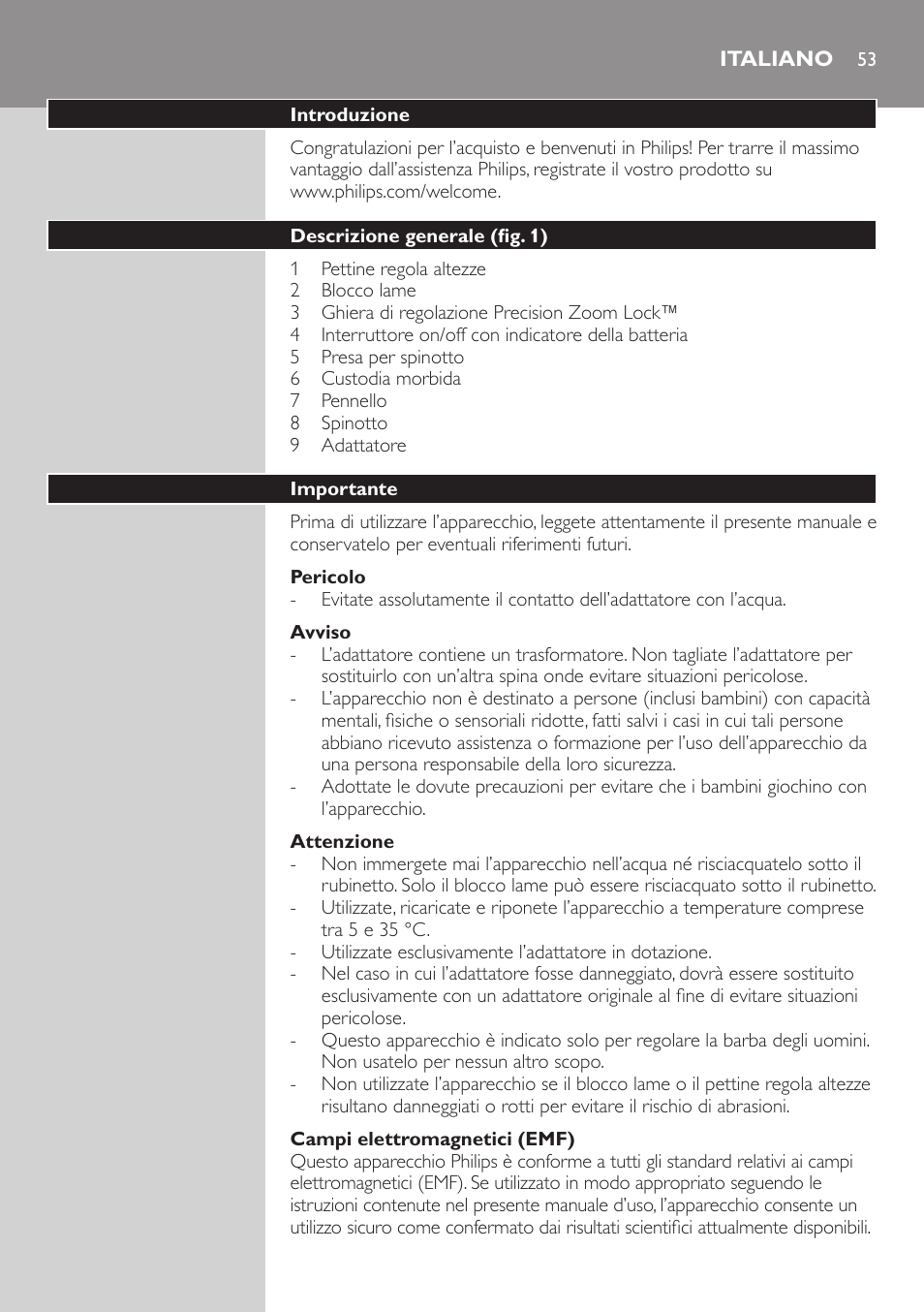 Italiano | Philips BEARDTRIMMER Series 3000 Barttrimmer (Dreitagebart-Funktion) User Manual | Page 53 / 96