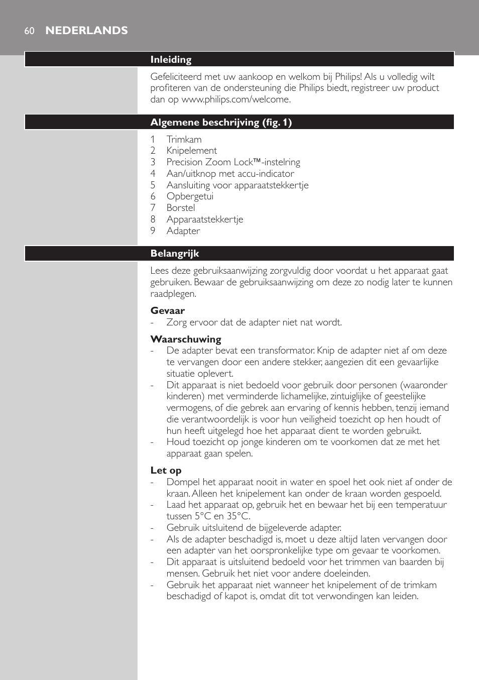 Nederlands, Nederlands 60 | Philips BEARDTRIMMER Series 3000 Barttrimmer (Dreitagebart-Funktion) User Manual | Page 60 / 96