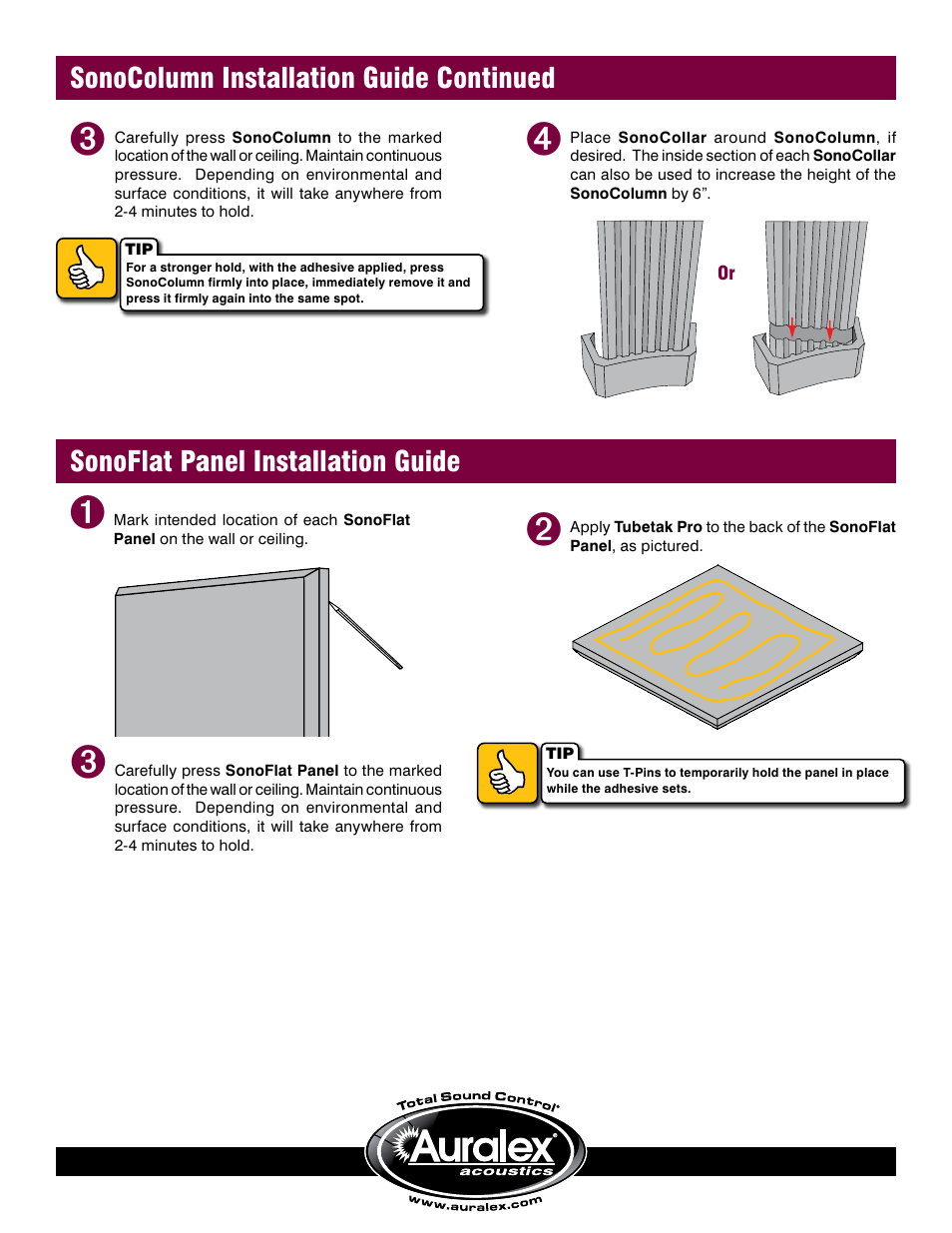 Sonoflat panel installation guide, Sonocolumn installation guide continued | Auralex SonoFlat System SFS-112 User Manual | Page 3 / 4
