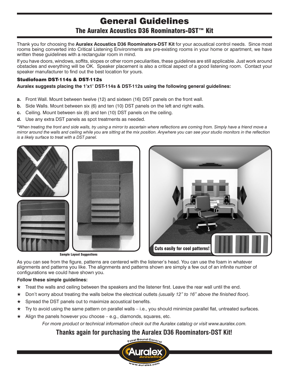 General guidelines, The auralex acoustics d36 roominators-dst™ kit | Auralex Acoustics Roominators-DST Kit D36 User Manual | Page 2 / 2