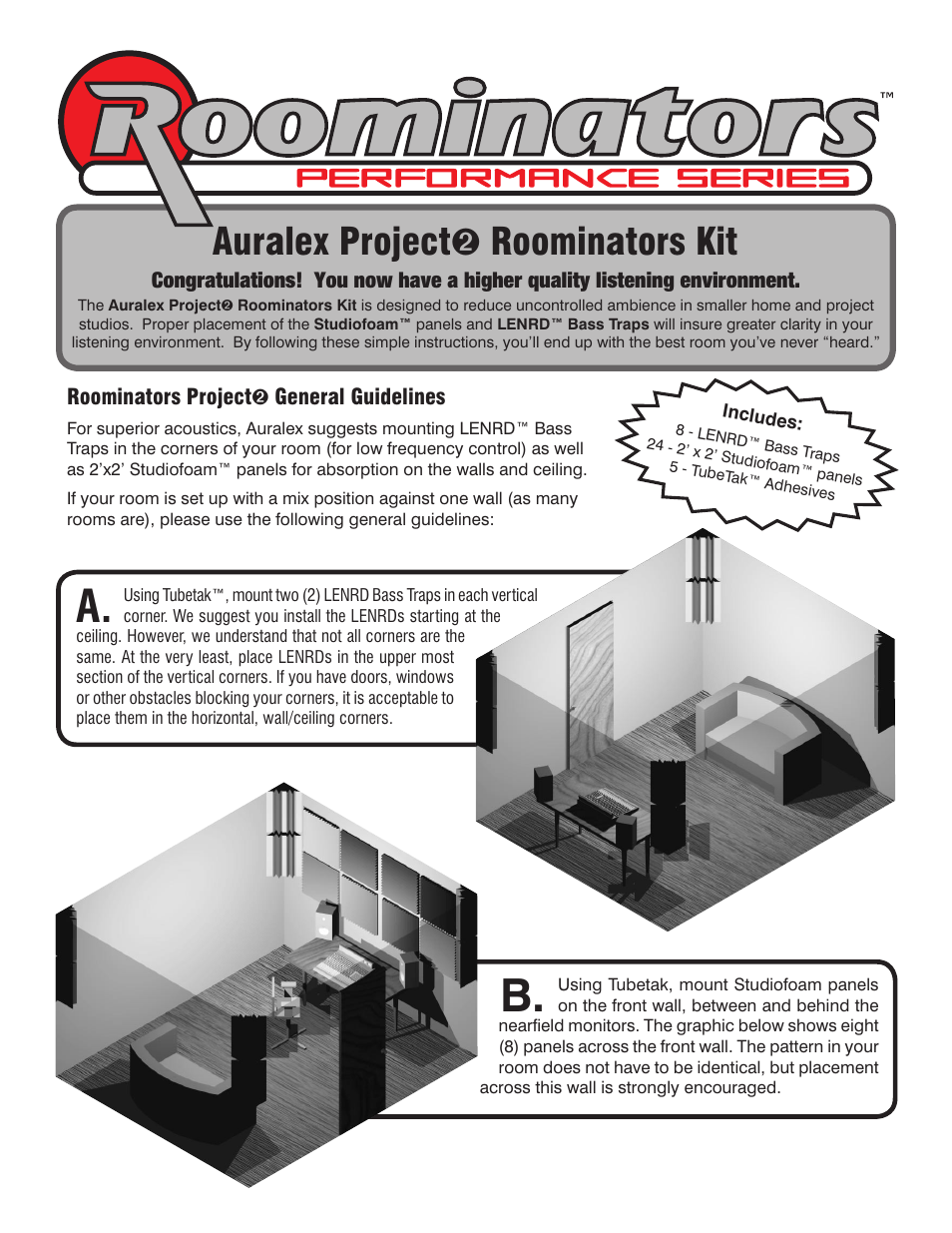 Auralex Acoustics Roominators Performance Series User Manual | 2 pages