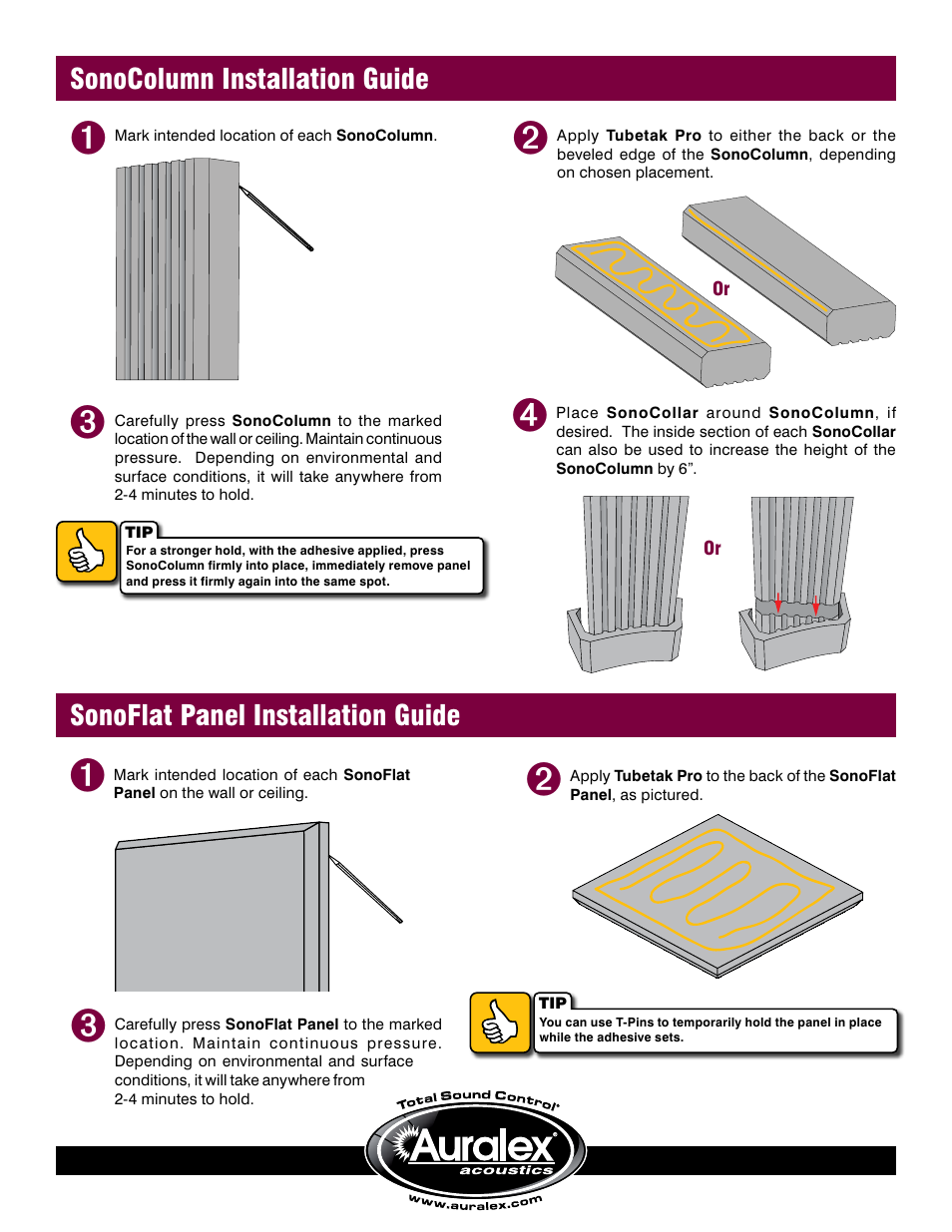 Sonocolumn installation guide, Sonoflat panel installation guide | Auralex SonoFlat System SFS-184 User Manual | Page 3 / 4