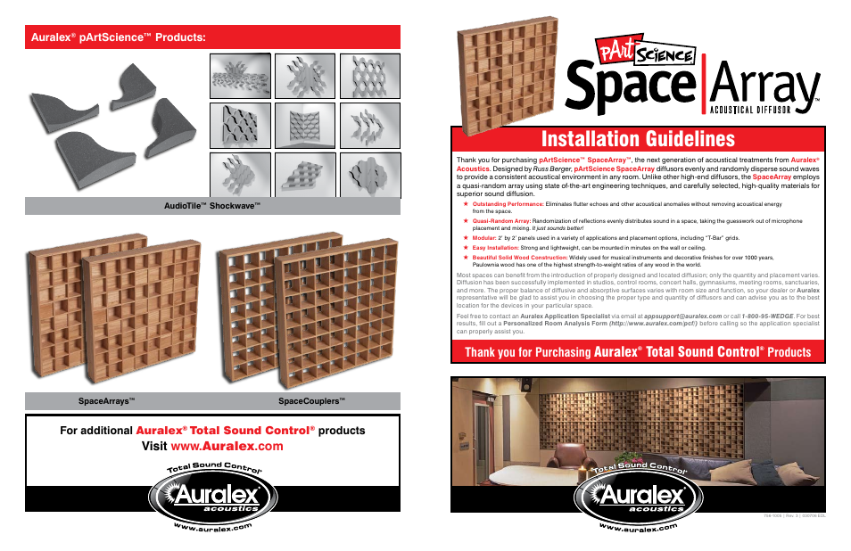 Auralex Acoustics SpaceArray Acoustical Diffusor User Manual | 2 pages