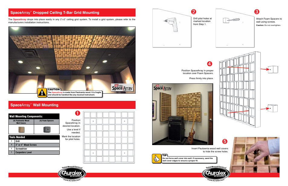 Space array, Wall mounting space array, Dropped ceiling t-bar grid mounting | Auralex Acoustics SpaceArray Acoustical Diffusor User Manual | Page 2 / 2