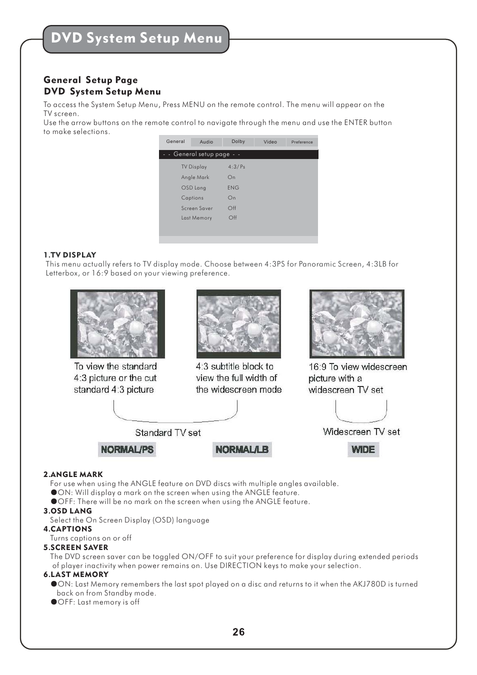 Dvd system setup menu, General setup page dvd system setup menu | Audio2000's AKJ780D User Manual | Page 29 / 32