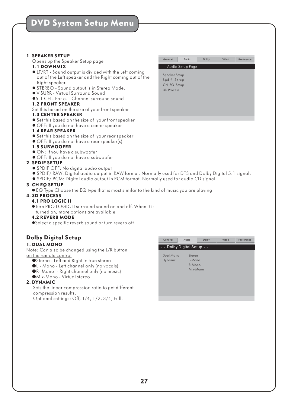 Dvd system setup menu, Dolby digital setup | Audio2000's AKJ780D User Manual | Page 30 / 32