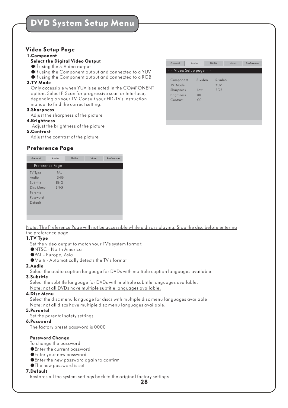 Dvd system setup menu, Preference page, Video setup page | Audio2000's AKJ780D User Manual | Page 31 / 32