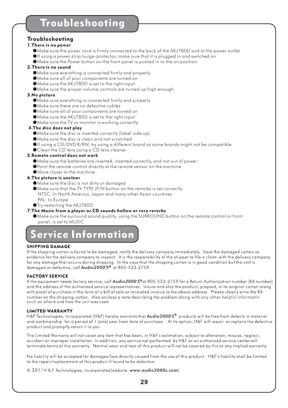 Troubleshooting | Audio2000's AKJ780D User Manual | Page 32 / 32