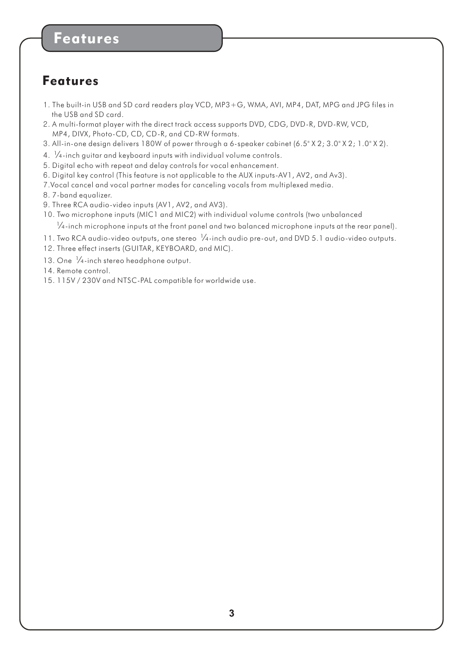 Features | Audio2000's AKJ780D User Manual | Page 6 / 32
